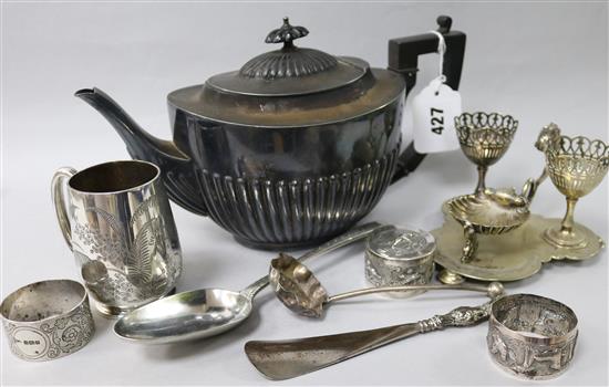 A Victorian silver christening mug, other items of silver & some plated ware.